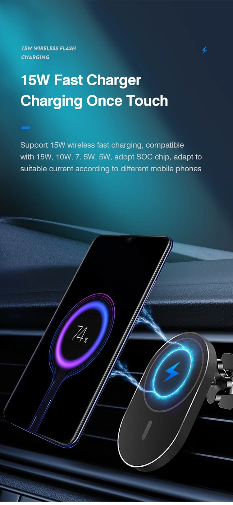 Qi Wireless Car Phone Charger Magnet Phone Holder Stand 15 W Fast Charging Car Mount Magnetic Phone Charger